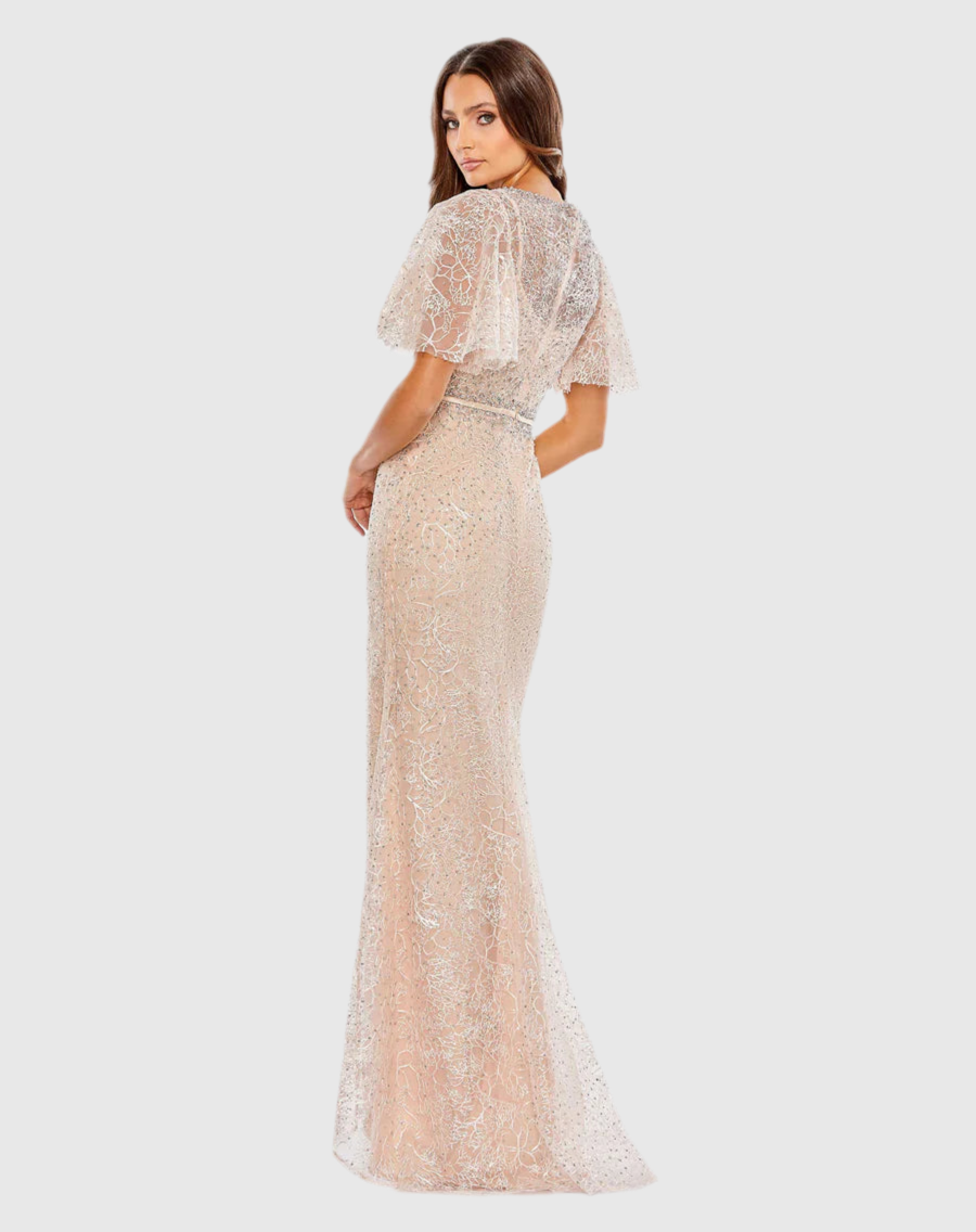 Embellished Neck Butterfly Sleeve Trumpet Gown, 20368