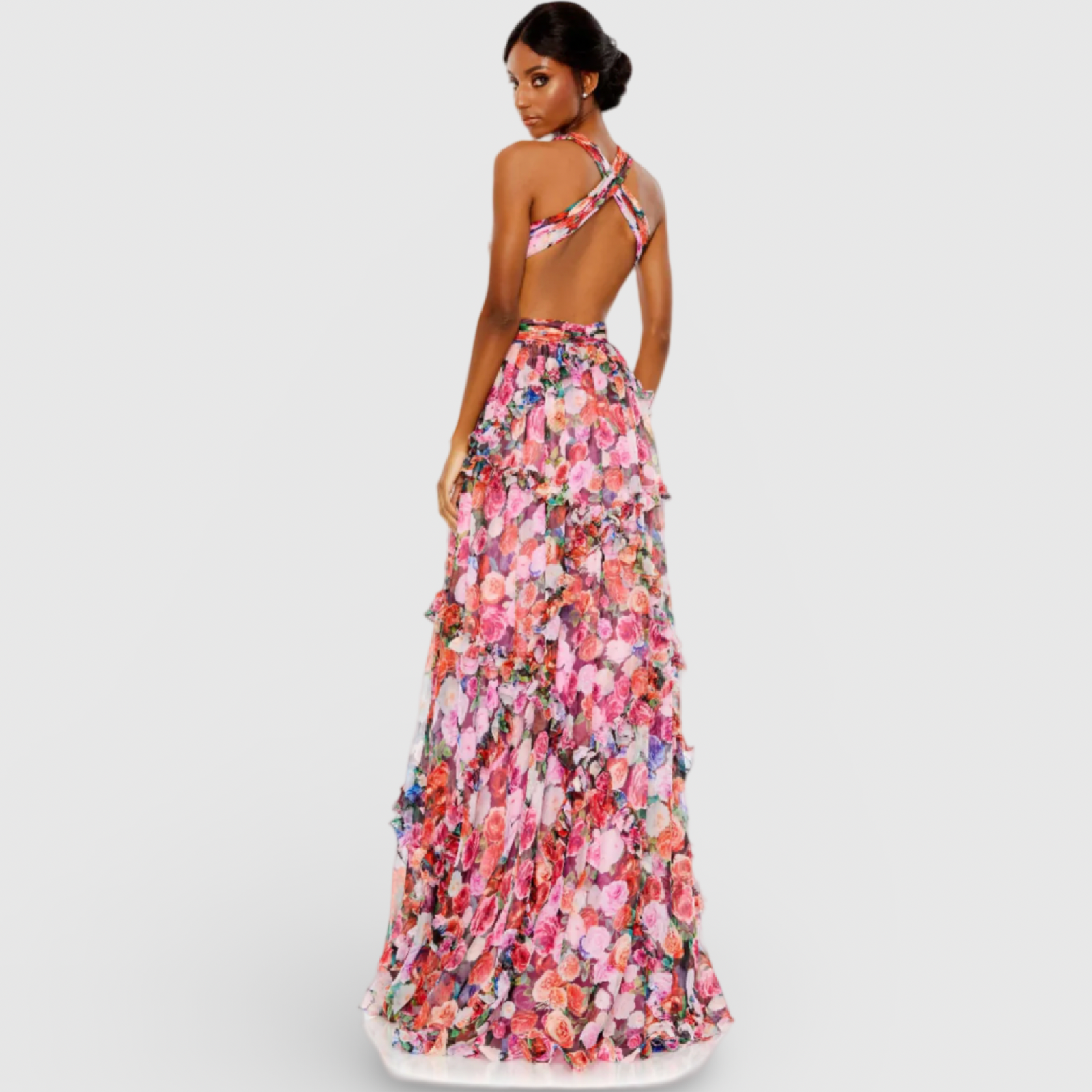 Multicolor Floral Ruffled Cut Out Sleeveless Gown 68076