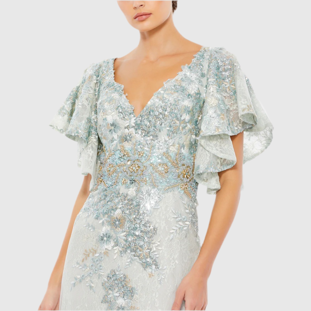 Bell Sleeve Floral Embellished Gown, Seafoam, 67842