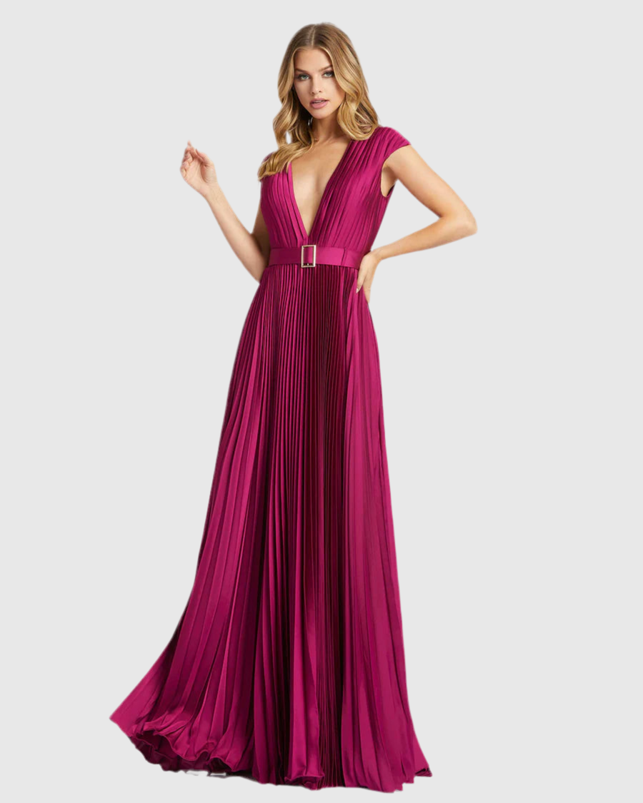 Pleated Plunge Neck Belted Satin Gown, 26285