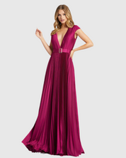 Pleated Plunge Neck Belted Satin Gown, 26285