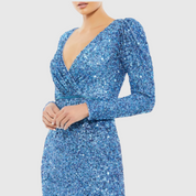 Blue Puff Shoulder Sequined Surplice Gown, 5510