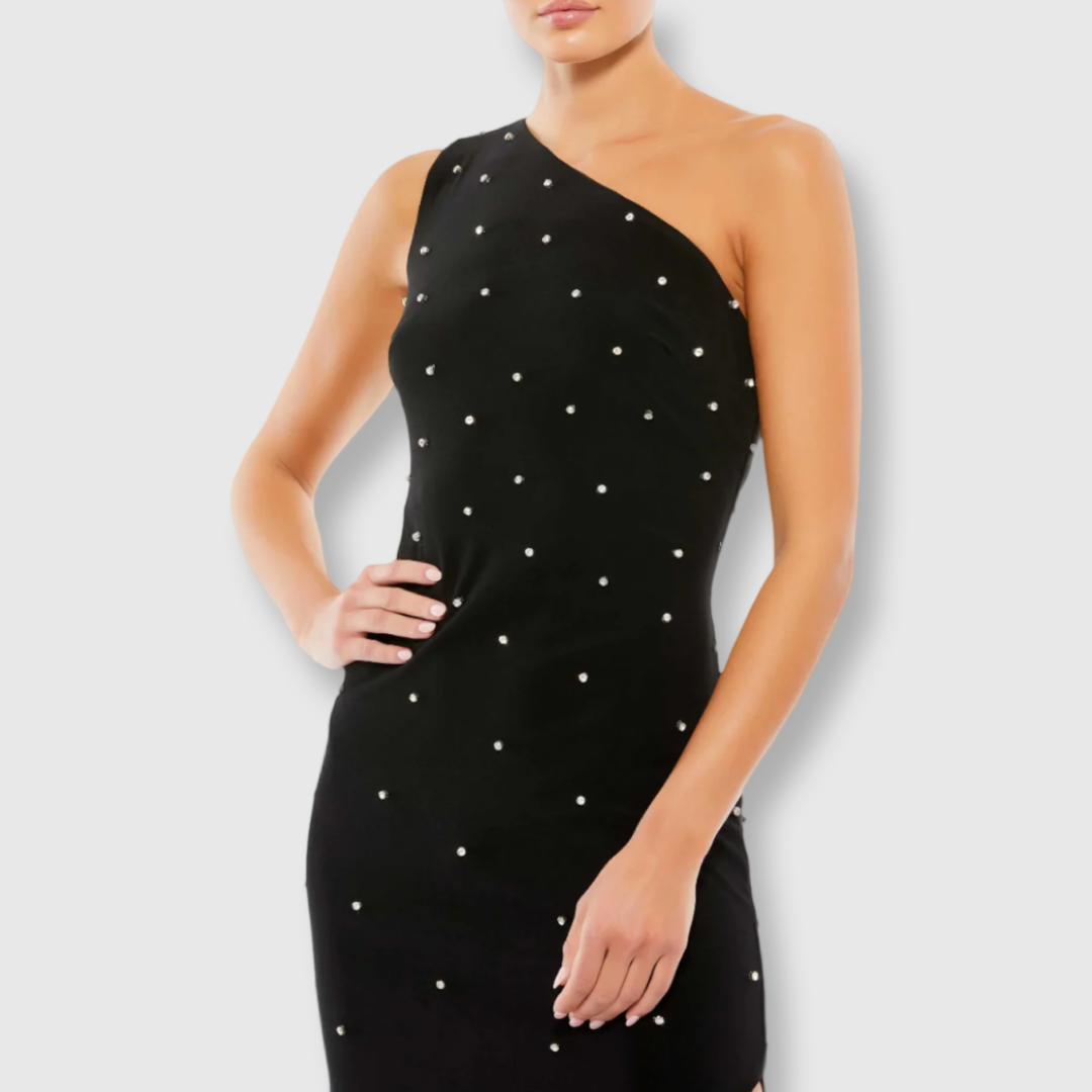 Rhinestone Encrusted One Shoulder Asymmetrical Hem Midi Dress, 55646