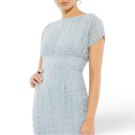 Beaded Cap Sleeve Column Midi Dress, Slate Blue, 93649