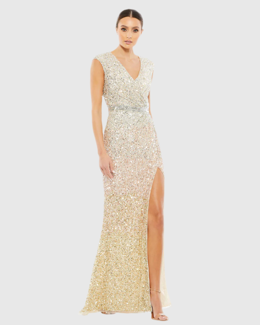 Cap Sleeve Sequined High Slit Gown, Ombré, 5489