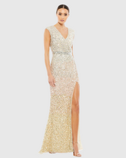 Cap Sleeve Sequined High Slit Gown, Ombré, 5489