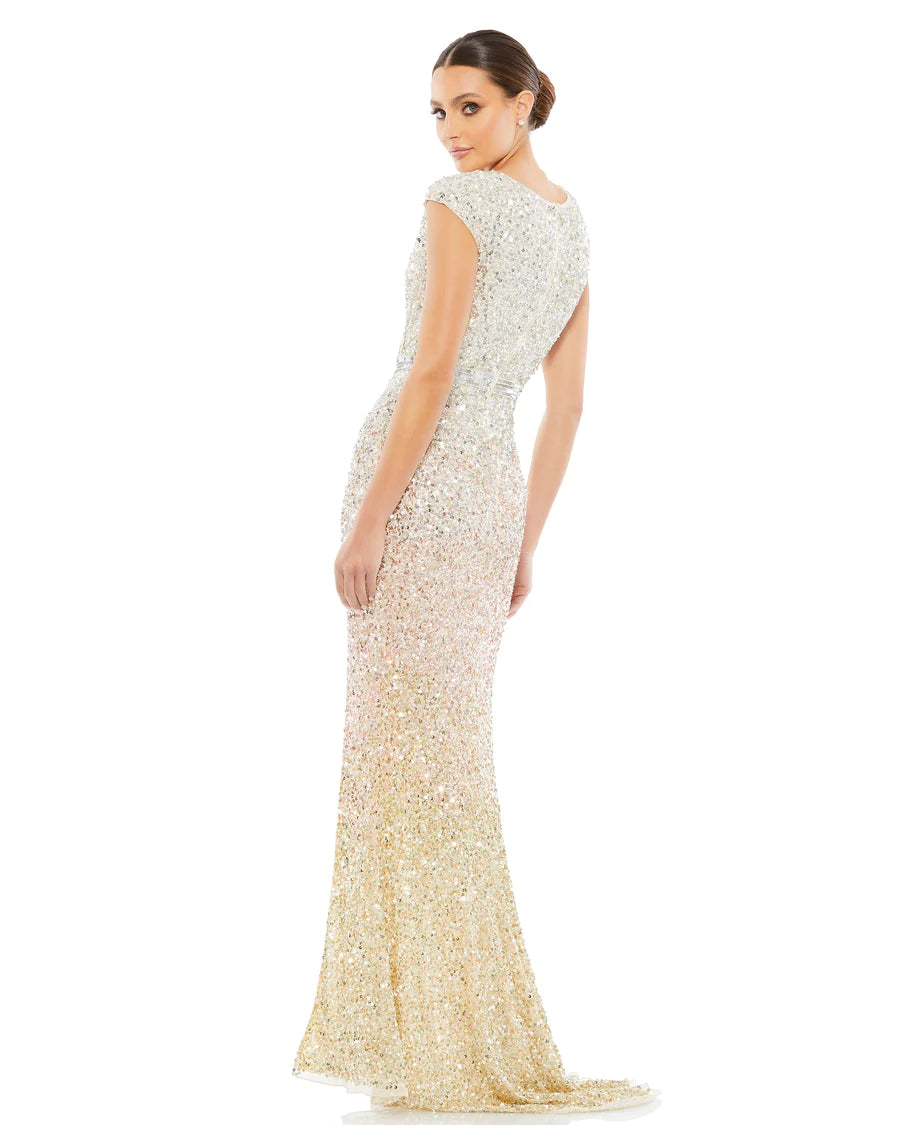 Cap Sleeve Sequined High Slit Gown, Ombré, 5489