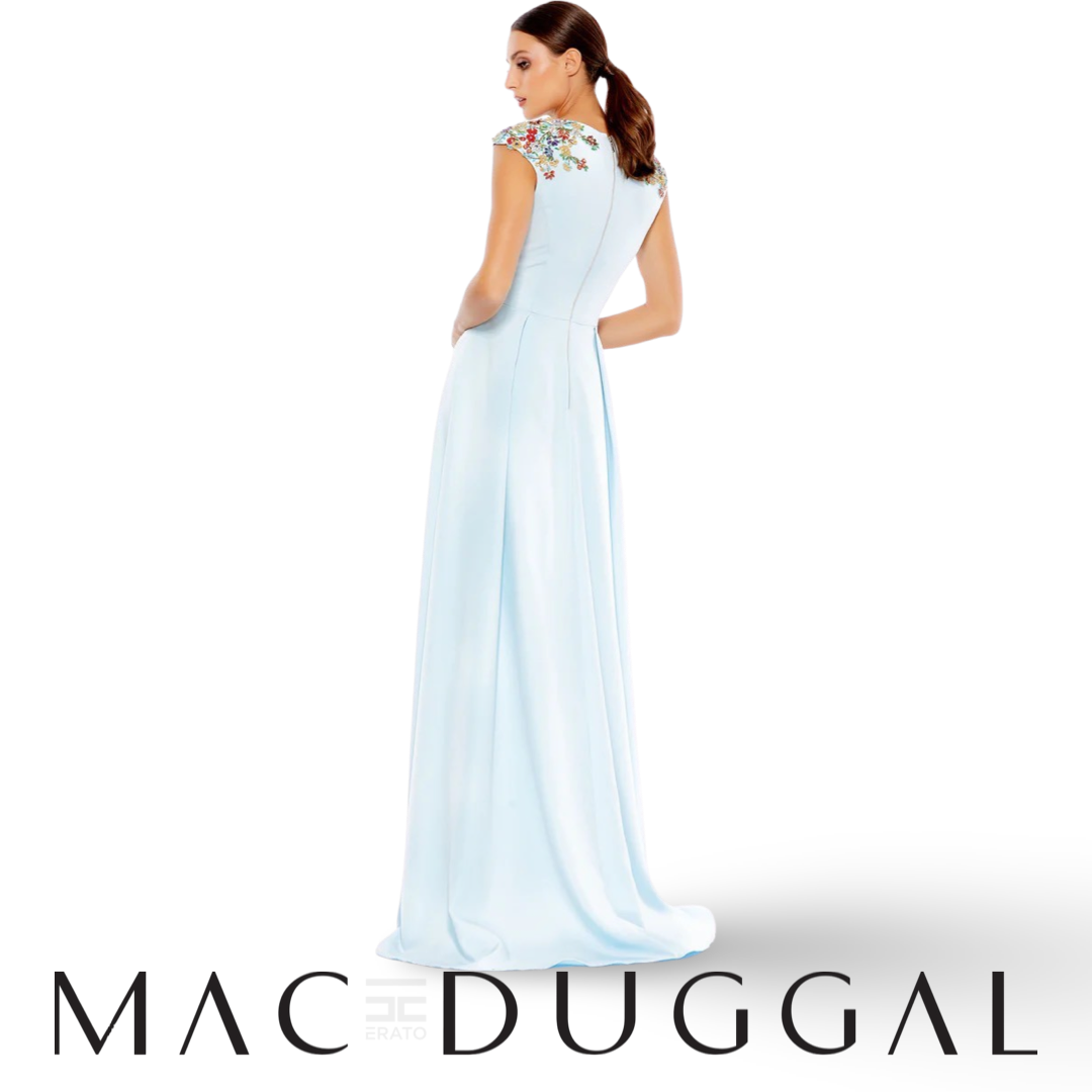 Beaded Cap Sleeve V-Neck A Line Gown, French Blue, 26540