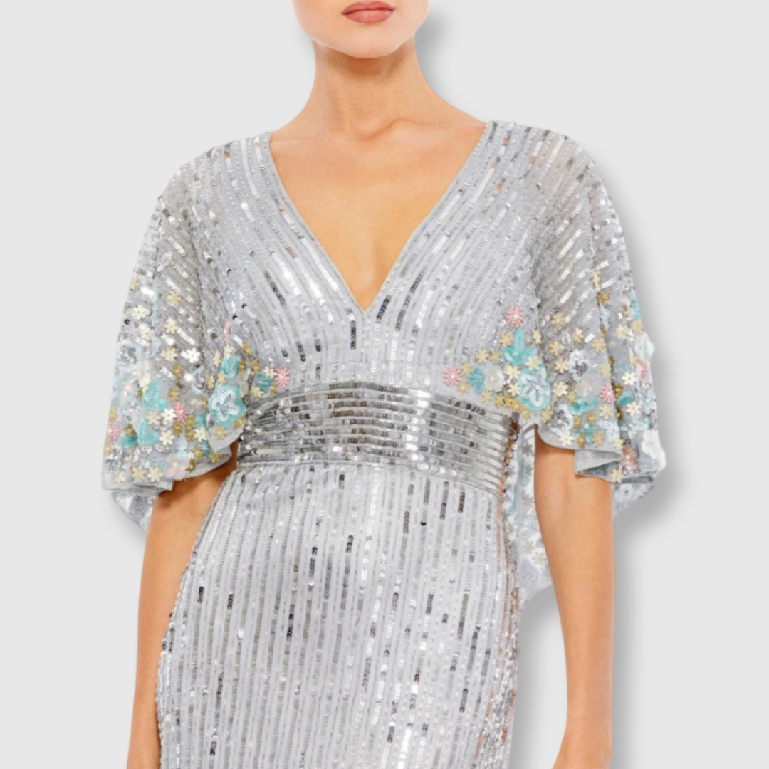 Sequined V Neck Floral Embellished Cape Sleeve Gown, 5221