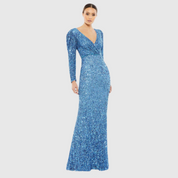 Blue Puff Shoulder Sequined Surplice Gown, 5510