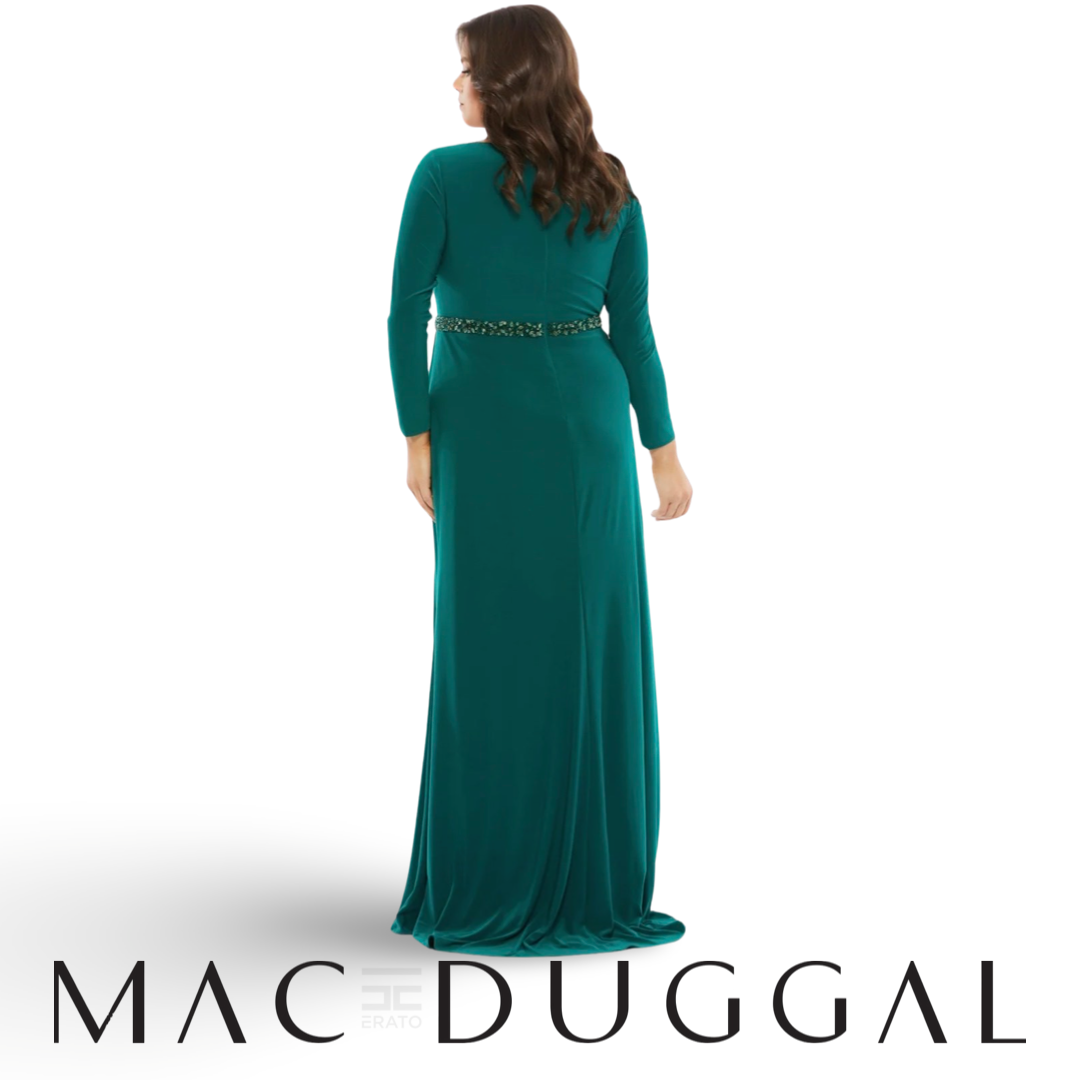 Long Sleeve V-Neck Evening Gown, Emerald, 67899