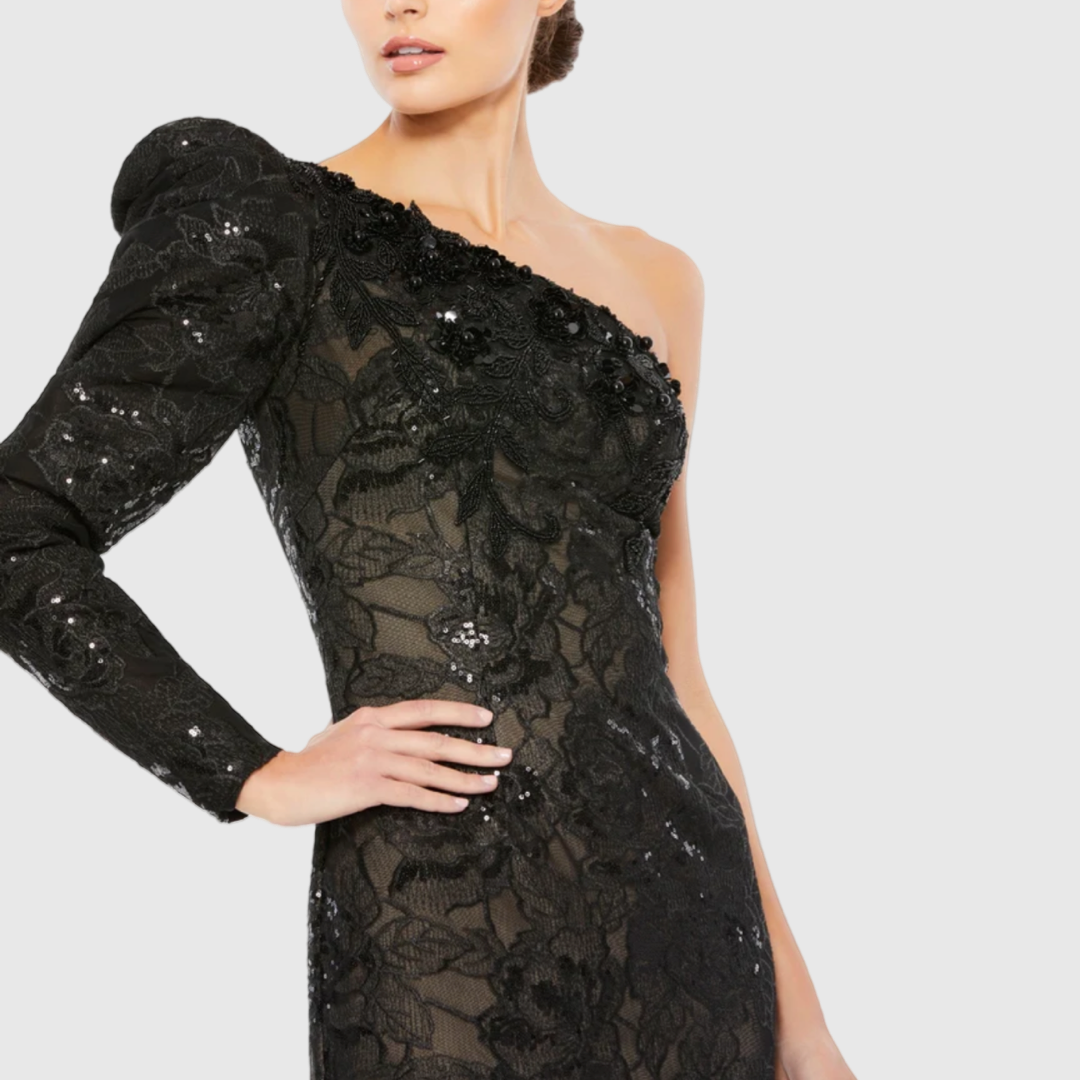 Embellished One Puff Sleeve Trumpet Gown, 12444