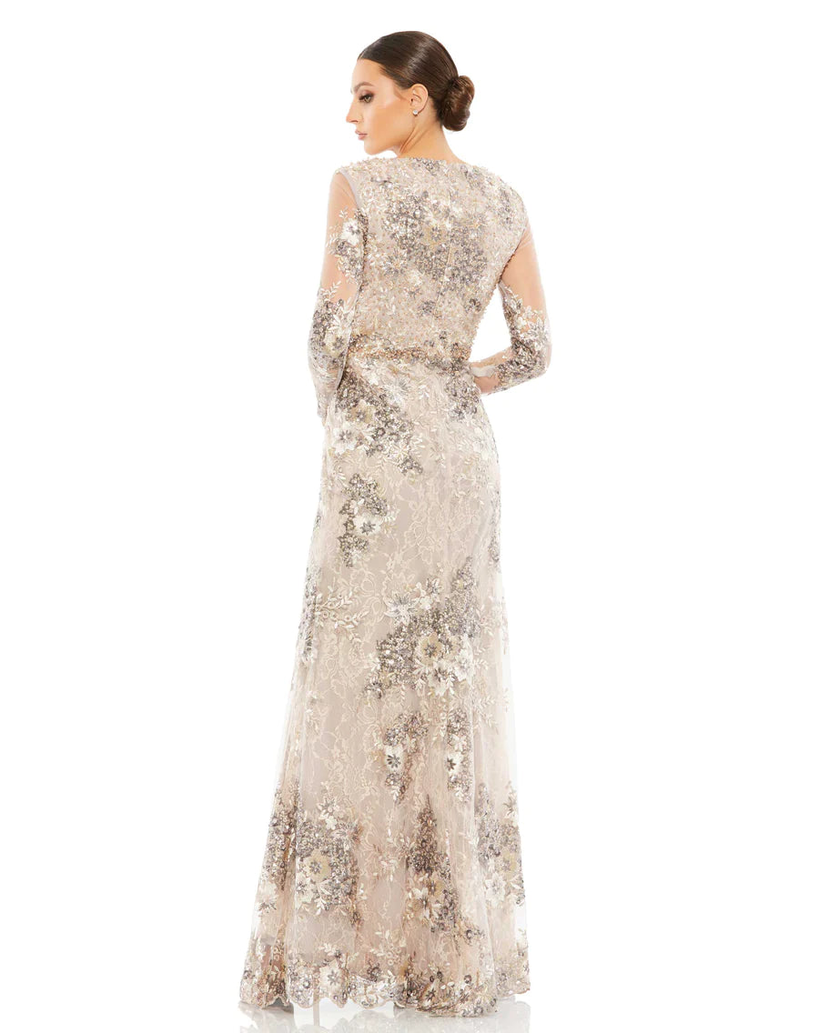 Embellished V Neck Illusion Long Sleeve Gown, Taupe, 67539