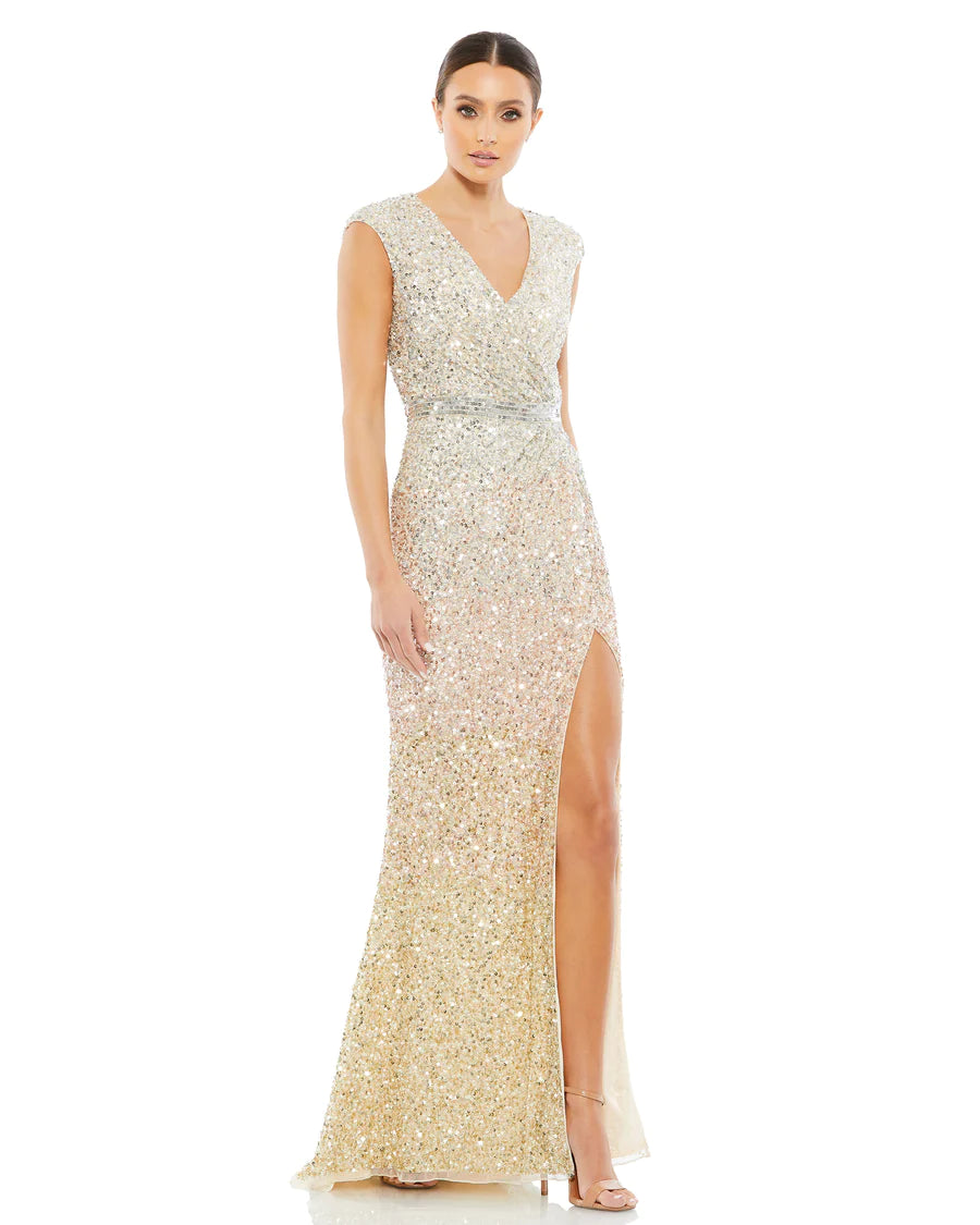 Cap Sleeve Sequined High Slit Gown, Ombré, 5489