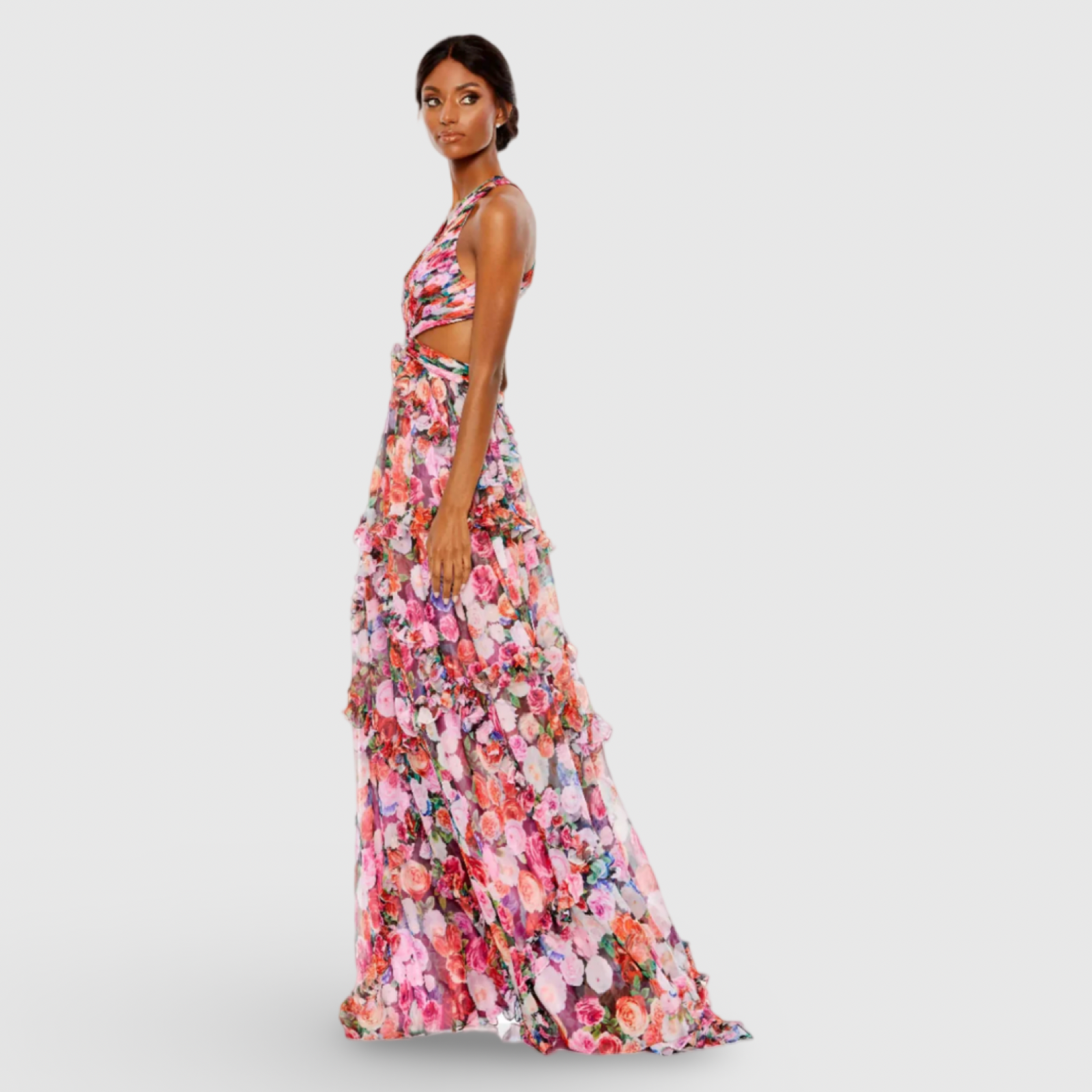 Multicolor Floral Ruffled Cut Out Sleeveless Gown 68076