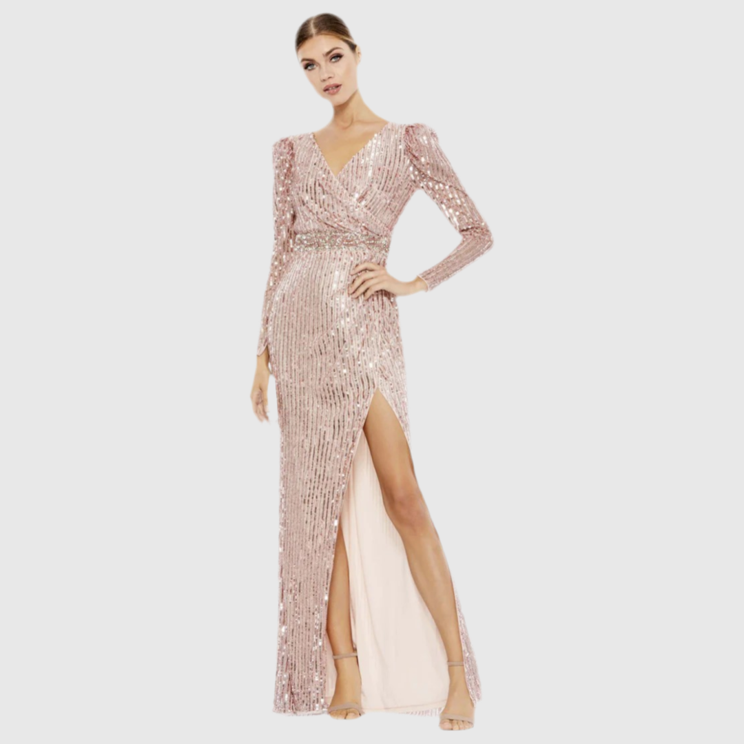 Sequin Puff Sleeve Surplice Gown, 93549