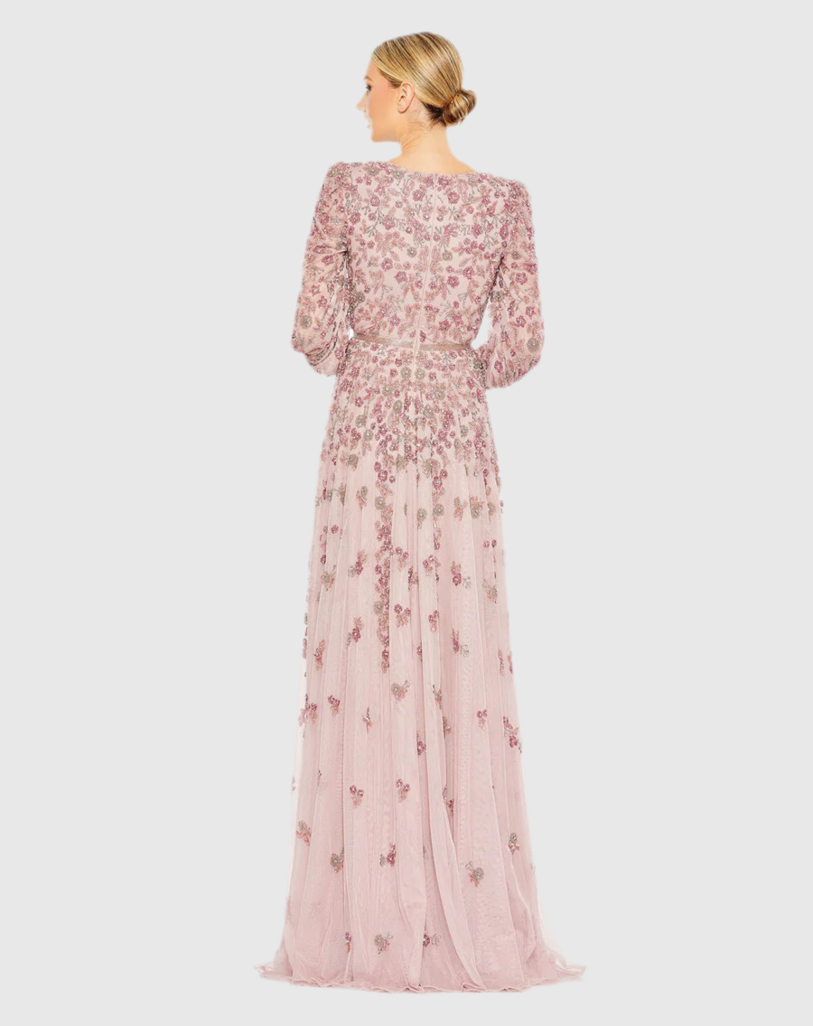 Embellished V Neck 3/4Sleeve A Line Gown, Rose