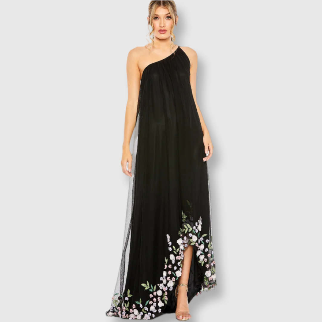 Black One Shoulder Trapeze Embellished High Low Gown, 9236