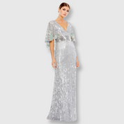 Sequined V Neck Floral Embellished Cape Sleeve Gown, 5221