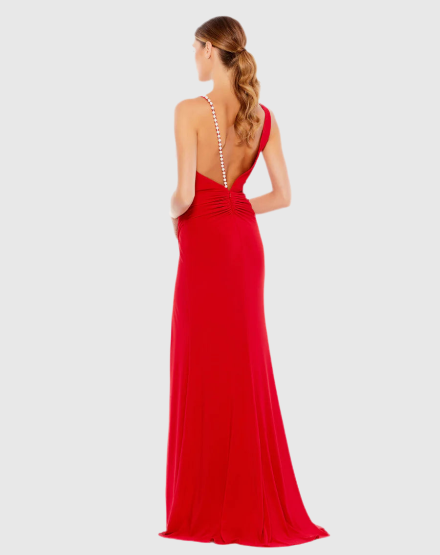 Asymmetrical Pearl Strap V-Neck Gown, 26532