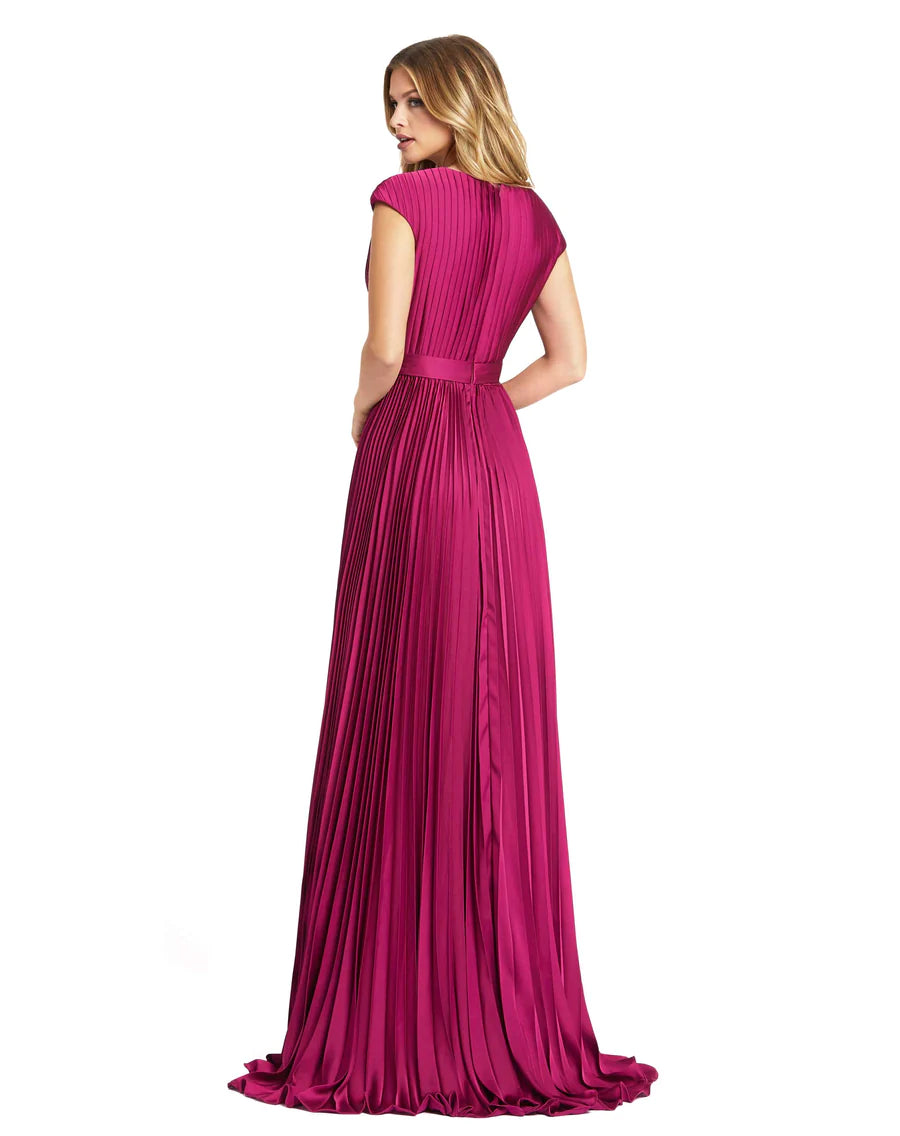 Pleated Plunge Neck Belted Satin Gown, 26285