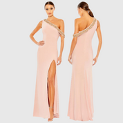 Pink Slit Asymmetric Beaded Neckline Dress, 68163