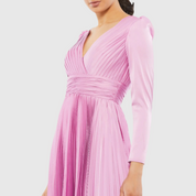 Light Purple Pleated Long Sleeve V-Neck Gown, 26542