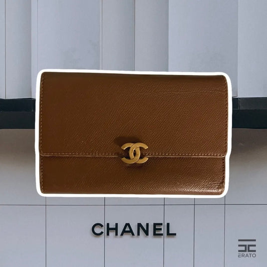 Chanel Vintage Brown Caviar Tri-Fold Wallet