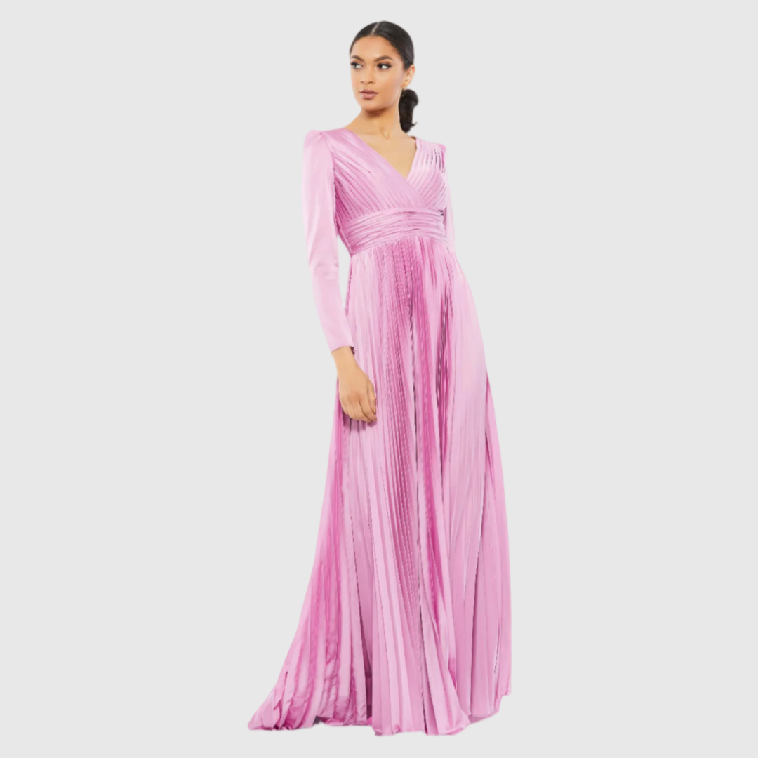 Light Purple Pleated Long Sleeve V-Neck Gown, 26542