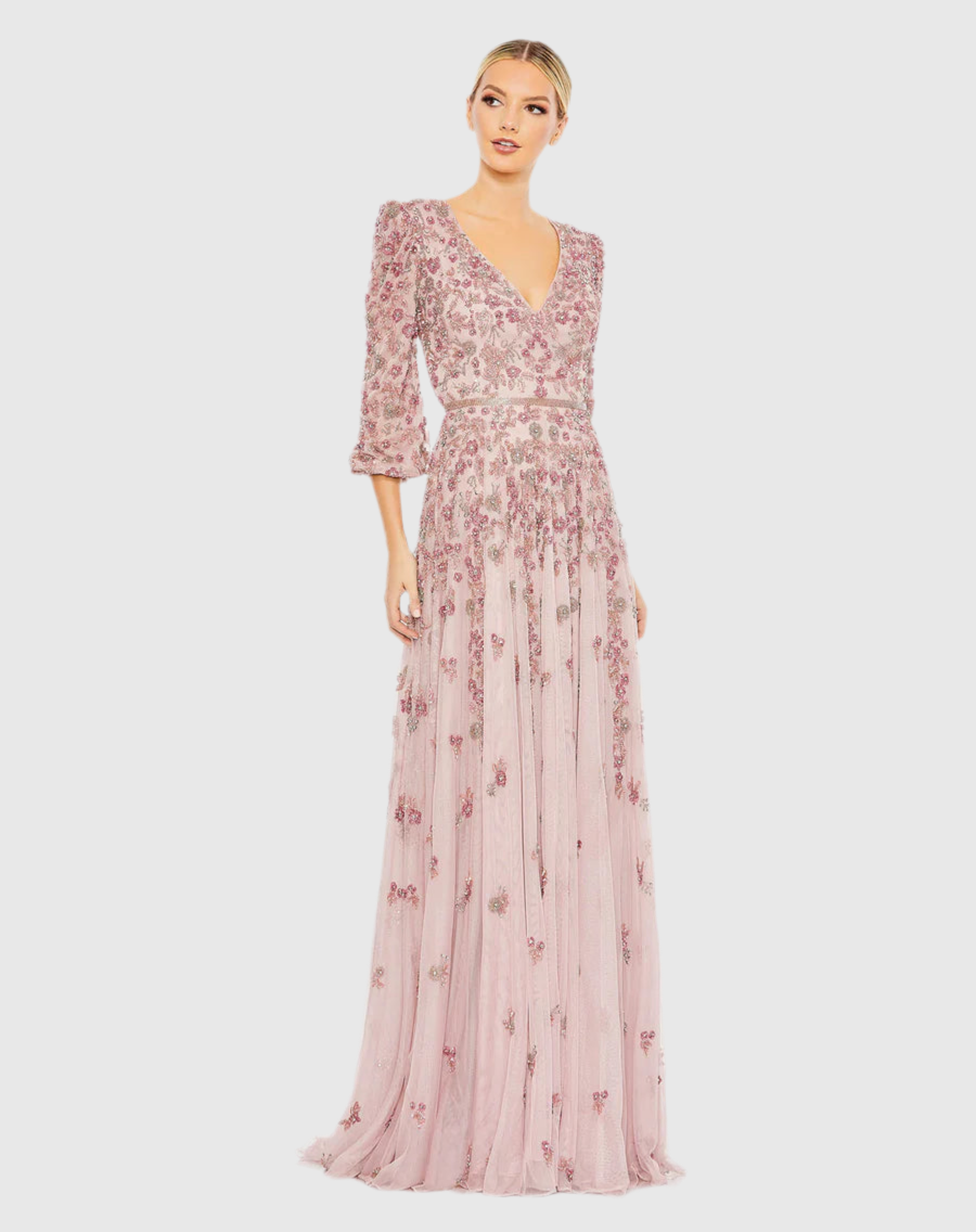 Embellished V Neck 3/4Sleeve A Line Gown, Rose