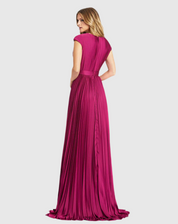 Pleated Plunge Neck Belted Satin Gown, 26285