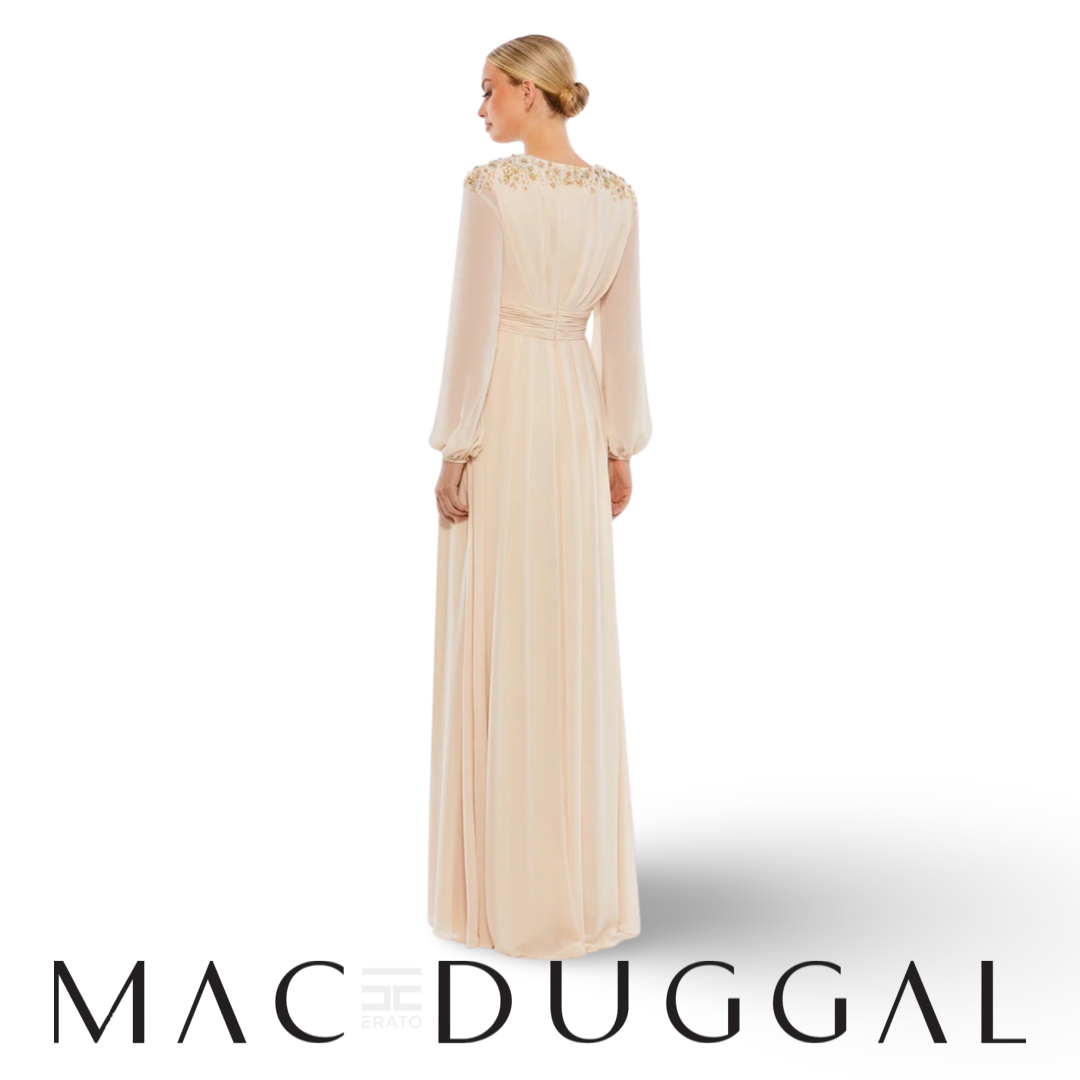 Mac Duggal Embellished Shoulder Blouson Sleeve Evening Gown, Porcelain, 55694