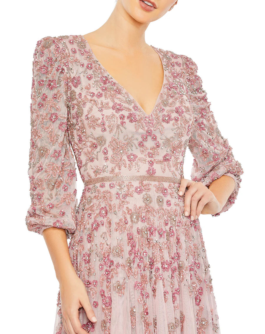 Embellished V Neck 3/4Sleeve A Line Gown, Rose