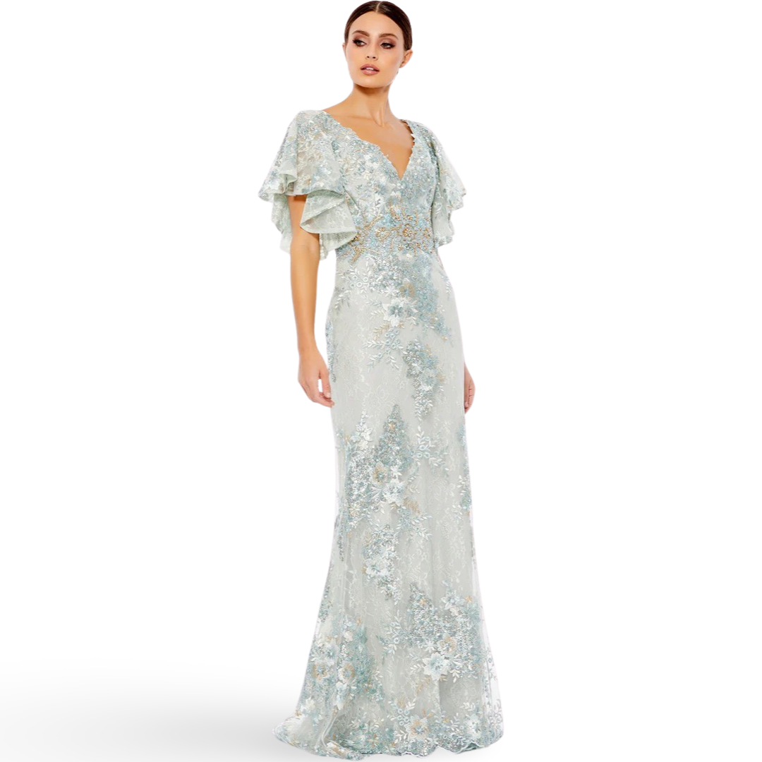 Bell Sleeve Floral Embellished Gown, Seafoam, 67842