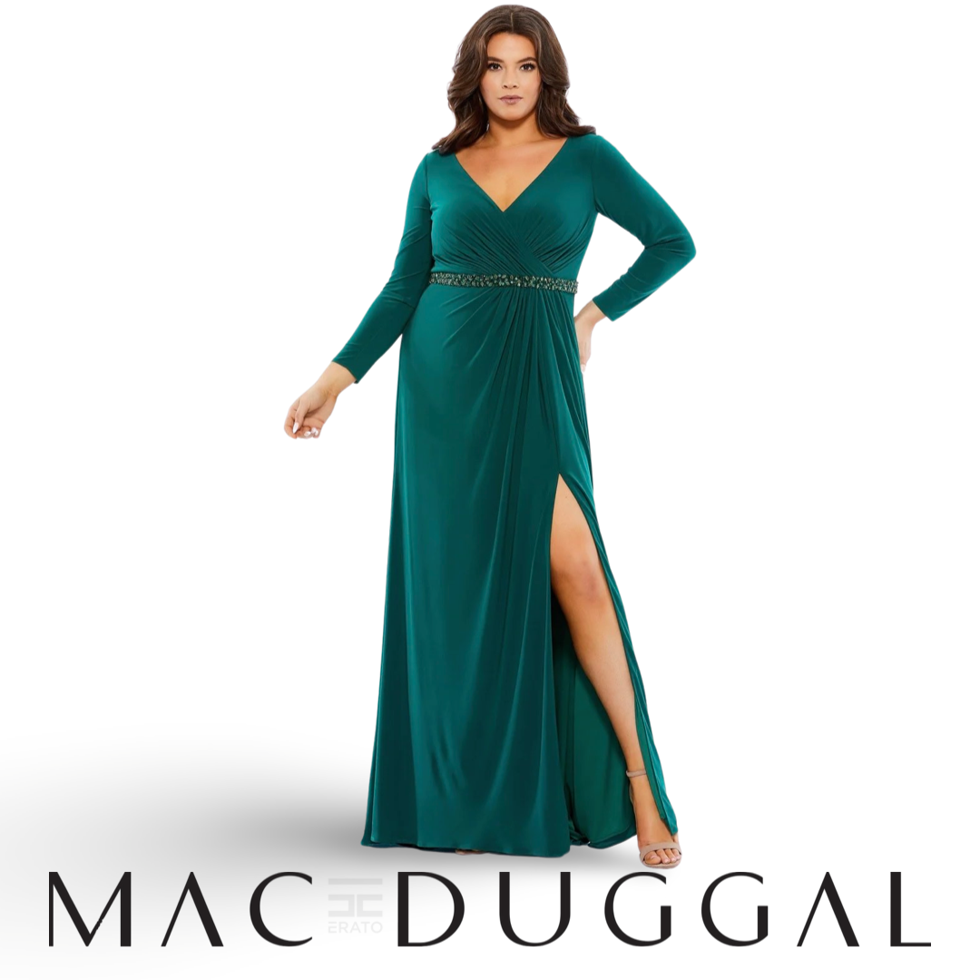 Long Sleeve V-Neck Evening Gown, Emerald, 67899