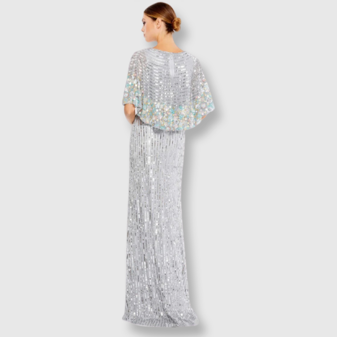 Sequined V Neck Floral Embellished Cape Sleeve Gown, 5221