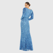 Blue Puff Shoulder Sequined Surplice Gown, 5510