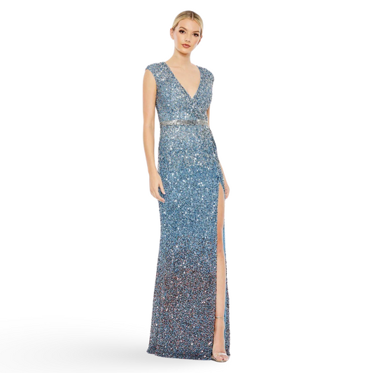 Cap Sleeve Sequined High Slit Gown, Ombré, 5489