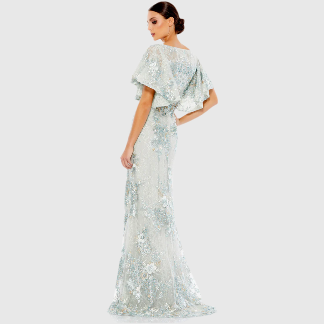 Bell Sleeve Floral Embellished Gown, Seafoam, 67842