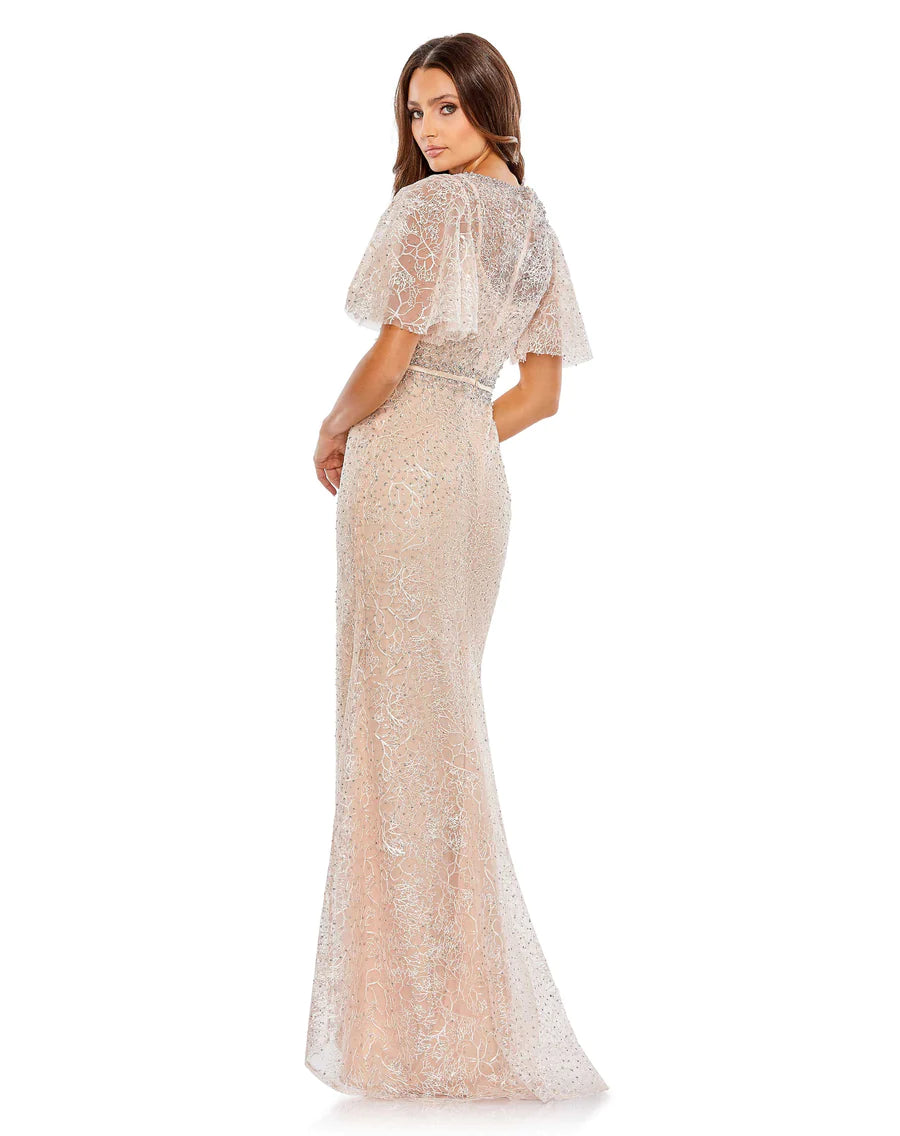 Embellished Neck Butterfly Sleeve Trumpet Gown, 20368