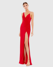 Asymmetrical Pearl Strap V-Neck Gown, 26532