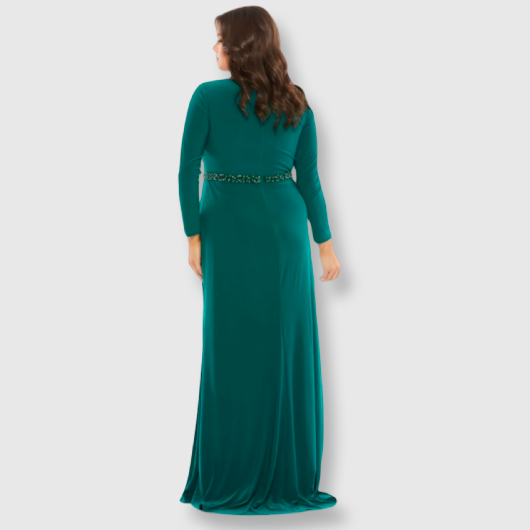 Long Sleeve V-Neck Evening Gown, Emerald, 67899