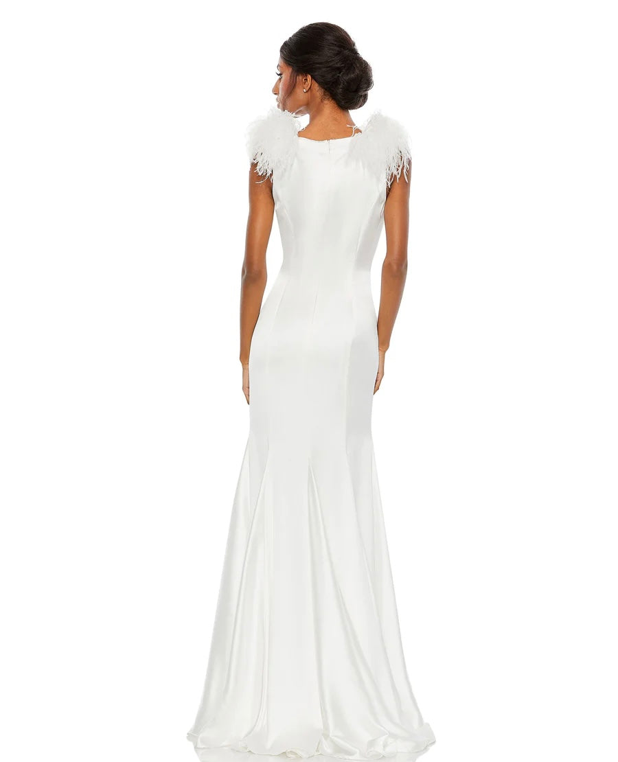 Feather Shoulder V-Neck Column Gown, 68137