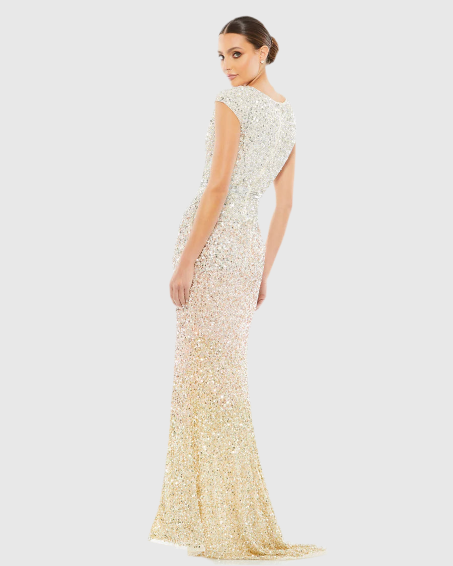 Cap Sleeve Sequined High Slit Gown, Ombré, 5489