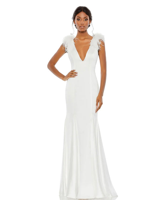 Feather Shoulder V-Neck Column Gown, 68137