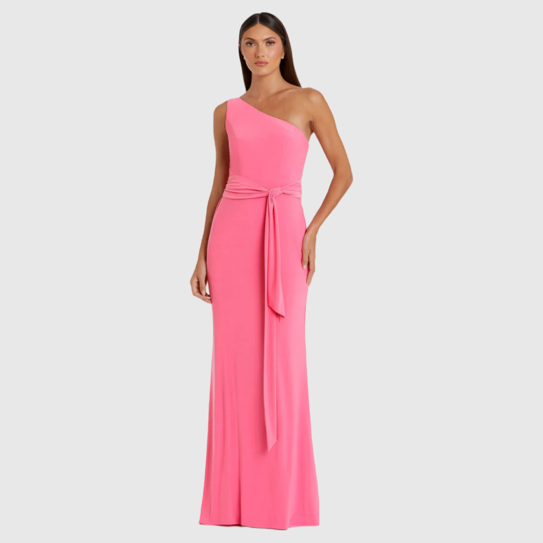 Pink Jersey One Shoulder Belted Trumpet Gown, 26581