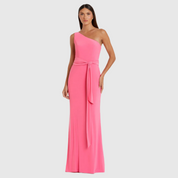 Pink Jersey One Shoulder Belted Trumpet Gown, 26581