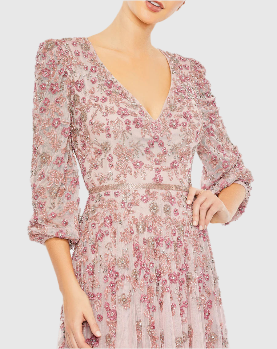 Embellished V Neck 3/4Sleeve A Line Gown, Rose