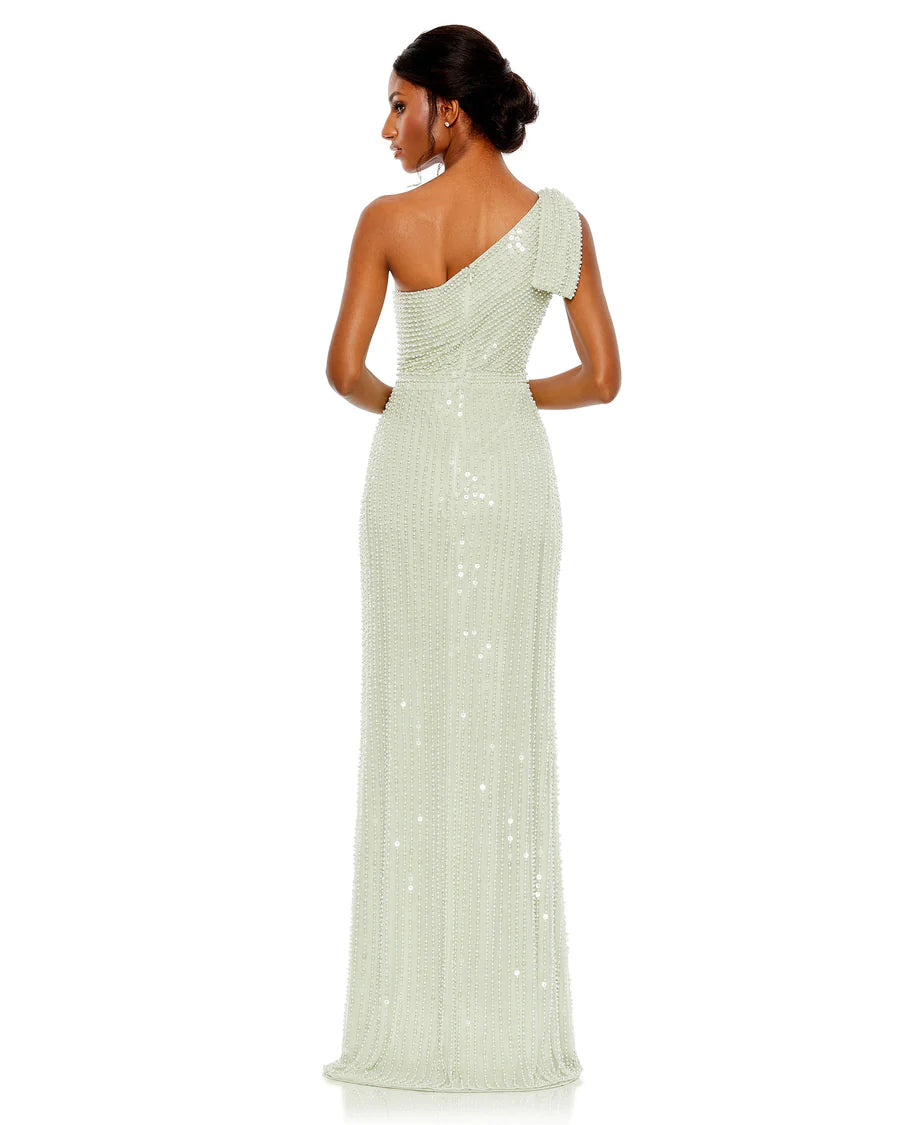 Pearl Embellished Soft Tie One Shoulder Gown, 93735