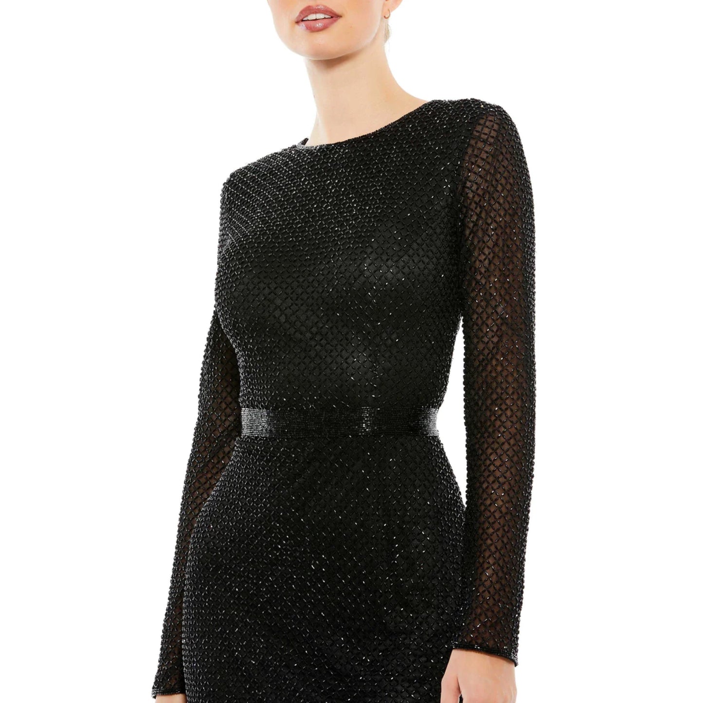 Long Sleeve Lattice Beaded Midi Cocktail Dress, Black